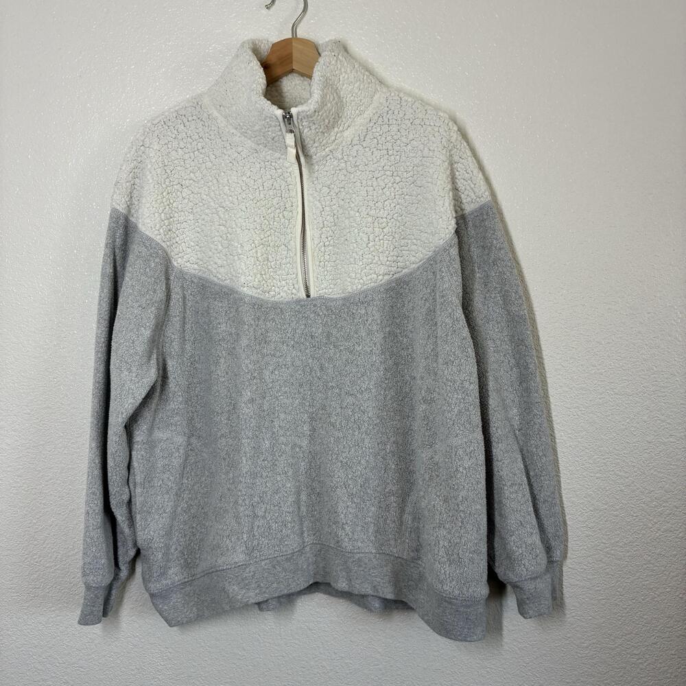 Aerie Sweatshirt Womens M Gray White Sherpa Fleece 1/4 Zip Colorblock Pullover